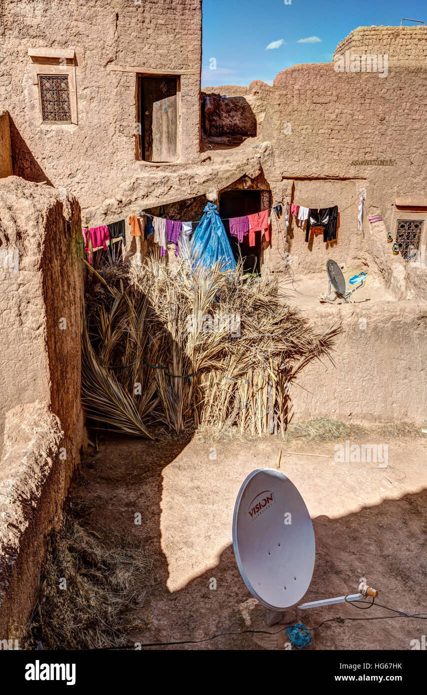 Ksar Elkhorbat, Morocco.  Ksar (Casbah) Rooftop, with Satellite Dishes. Stock Photo