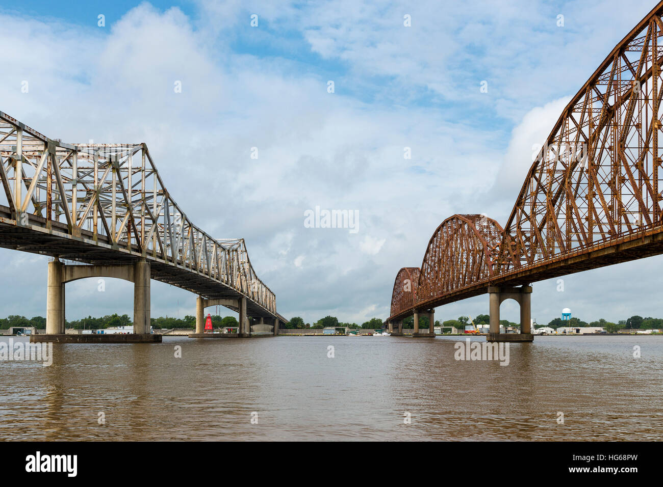 Two bridges crossing over the Atchafalaya River in Morgan City, Louisiana, USA Stock Photo