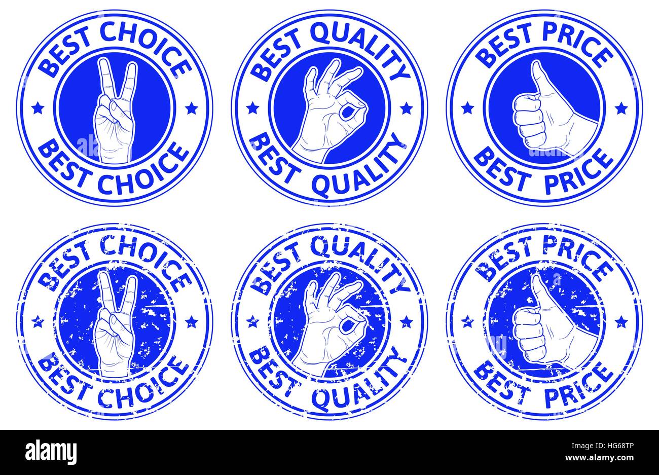 Set of blue badges with hand gesture symbols: we win, ok, thumb up. Vector illustration. Stock Vector