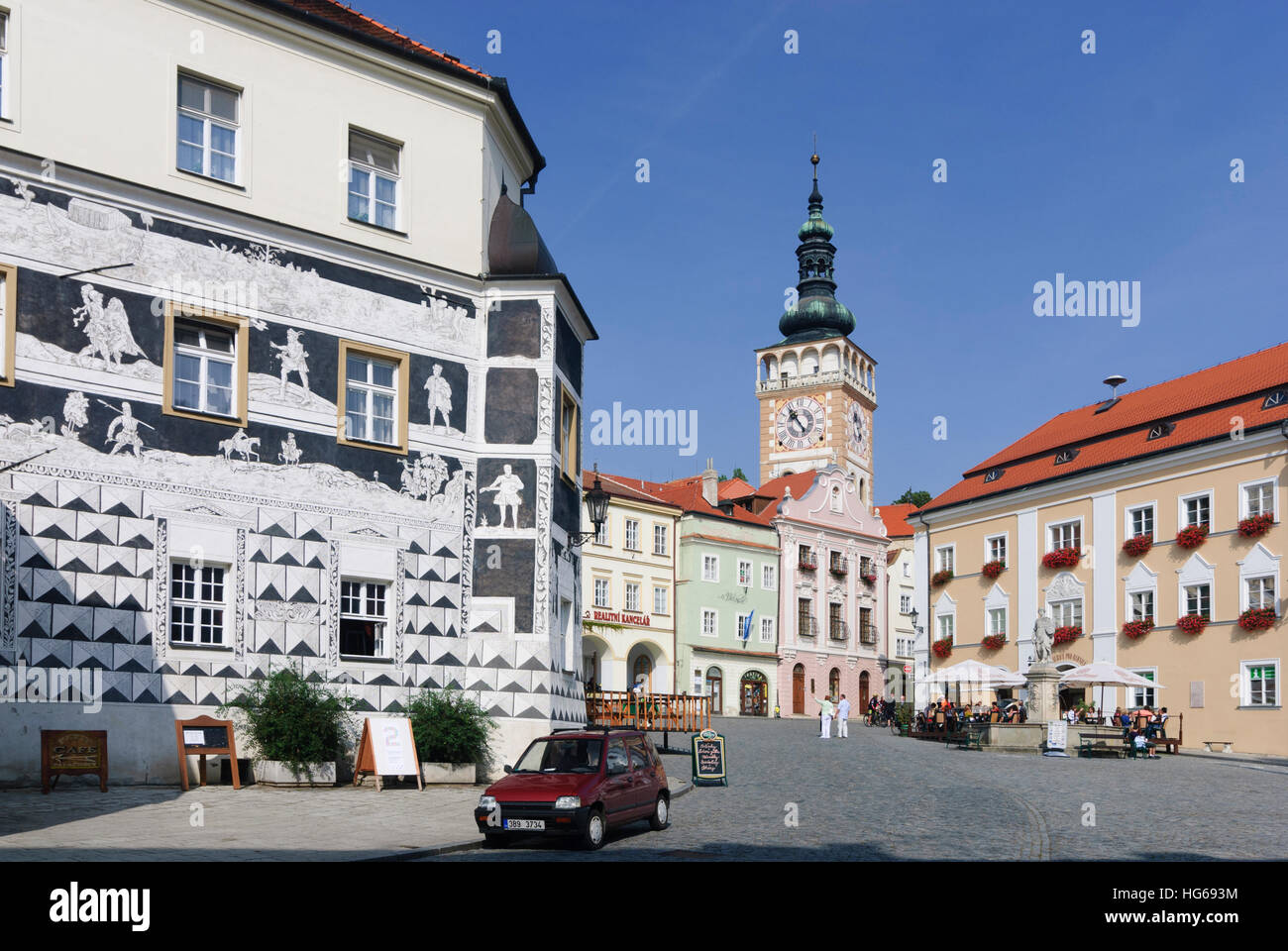 Mikulov (Nikolsburg): Main square with house to the Knights (Sgraffiti) and Church St. Wenceslas, , Jihomoravsky, Südmähren, South Moravia, Czech Stock Photo