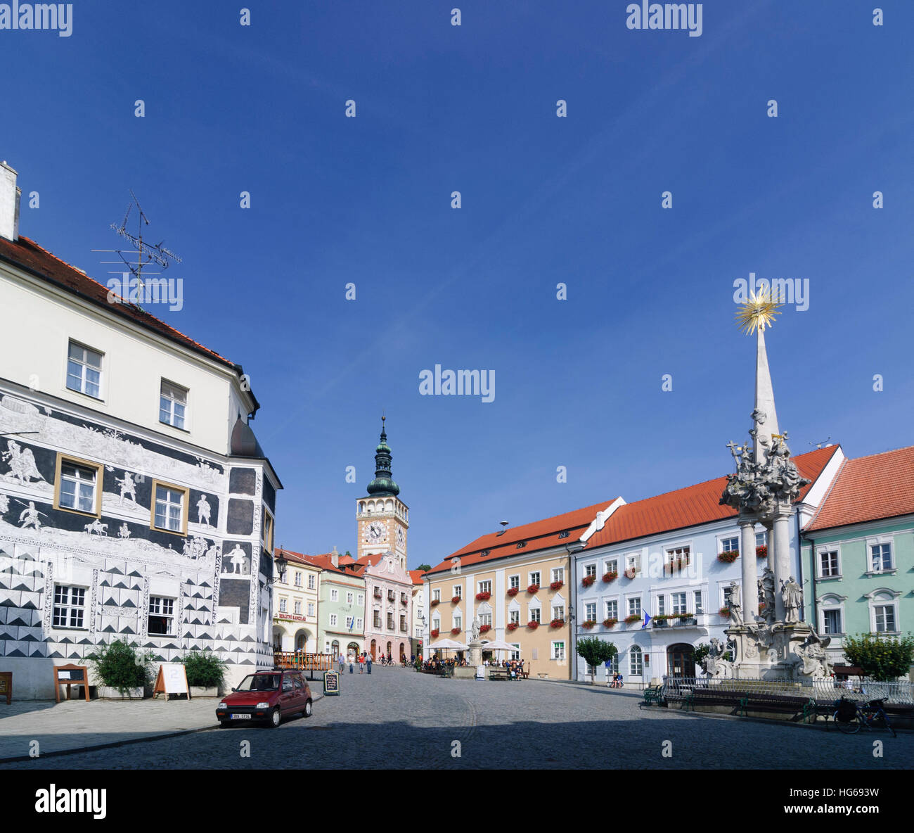 Mikulov (Nikolsburg): Main square with house to the Knights (Sgraffiti), Church St. Wenceslas and Trinity Column, , Jihomoravsky, Südmähren, South Mor Stock Photo