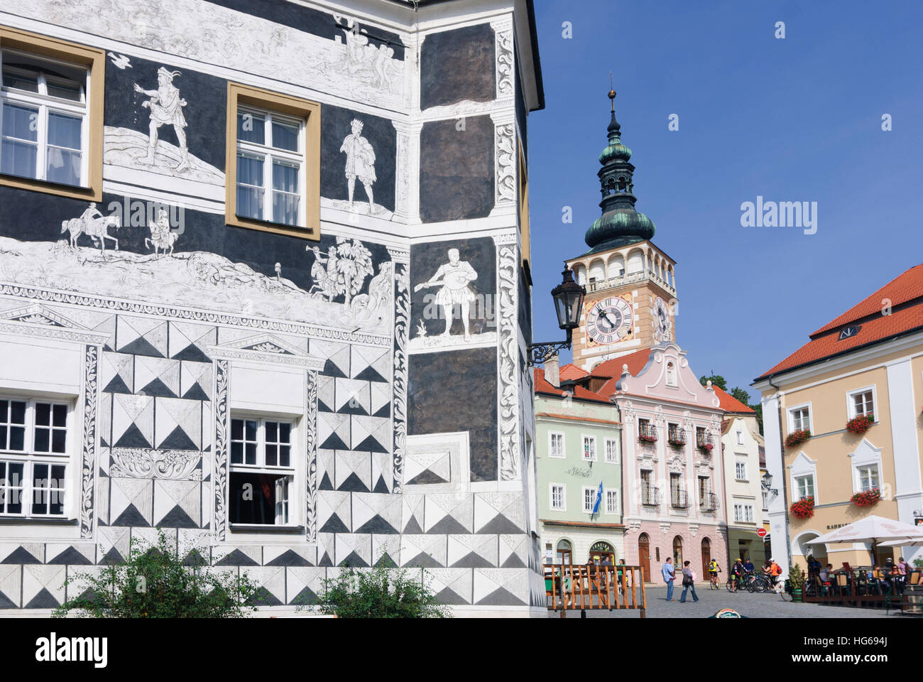 Mikulov (Nikolsburg): Main square with house to the Knights (Sgraffiti) and Church St. Wenceslas, , Jihomoravsky, Südmähren, South Moravia, Czech Stock Photo