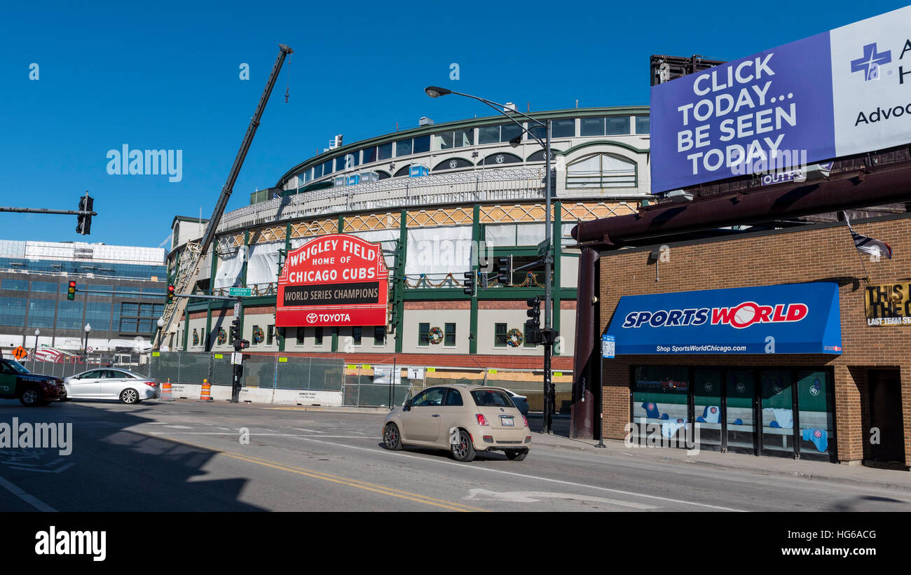 Chicago, USA. 4th Jan, 2017. Wrigley Field, the home of baseball's Chicago Cubs, and current World Series Champions, is seen undergoing refurbishment and reconstruction. Works include construction of The Hotel Zachary as well as a new retail/entertainment complex at Addison & Clark. © Stephen Chung/Alamy Live News Stock Photo