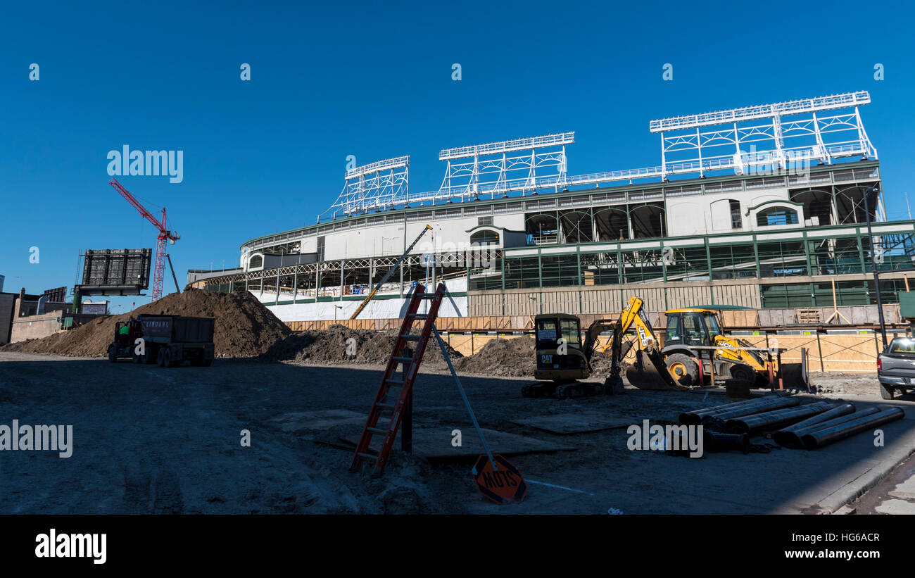 Chicago, USA. 4th Jan, 2017. Wrigley Field, the home of baseball's Chicago Cubs, and current World Series Champions, is seen undergoing refurbishment and reconstruction. Works include construction of The Hotel Zachary as well as a new retail/entertainment complex at Addison & Clark (pictured). © Stephen Chung/Alamy Live News Stock Photo