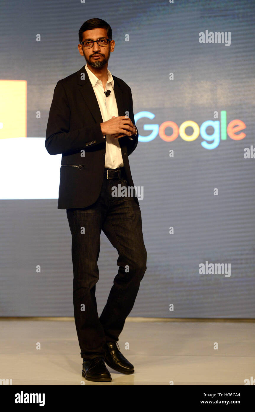 New Delhi, India. 4th Jan, 2017. Chief Executive Officer of Google Inc. Sundar Pichai speaks at the launching event of 'Digital Unlocked', a training program initiated by Google that will empower Indian small and medium-sized business owners with essential digital skills, in New Delhi, India, Jan. 4, 2017. © Partha Sarkar/Xinhua/Alamy Live News Stock Photo
