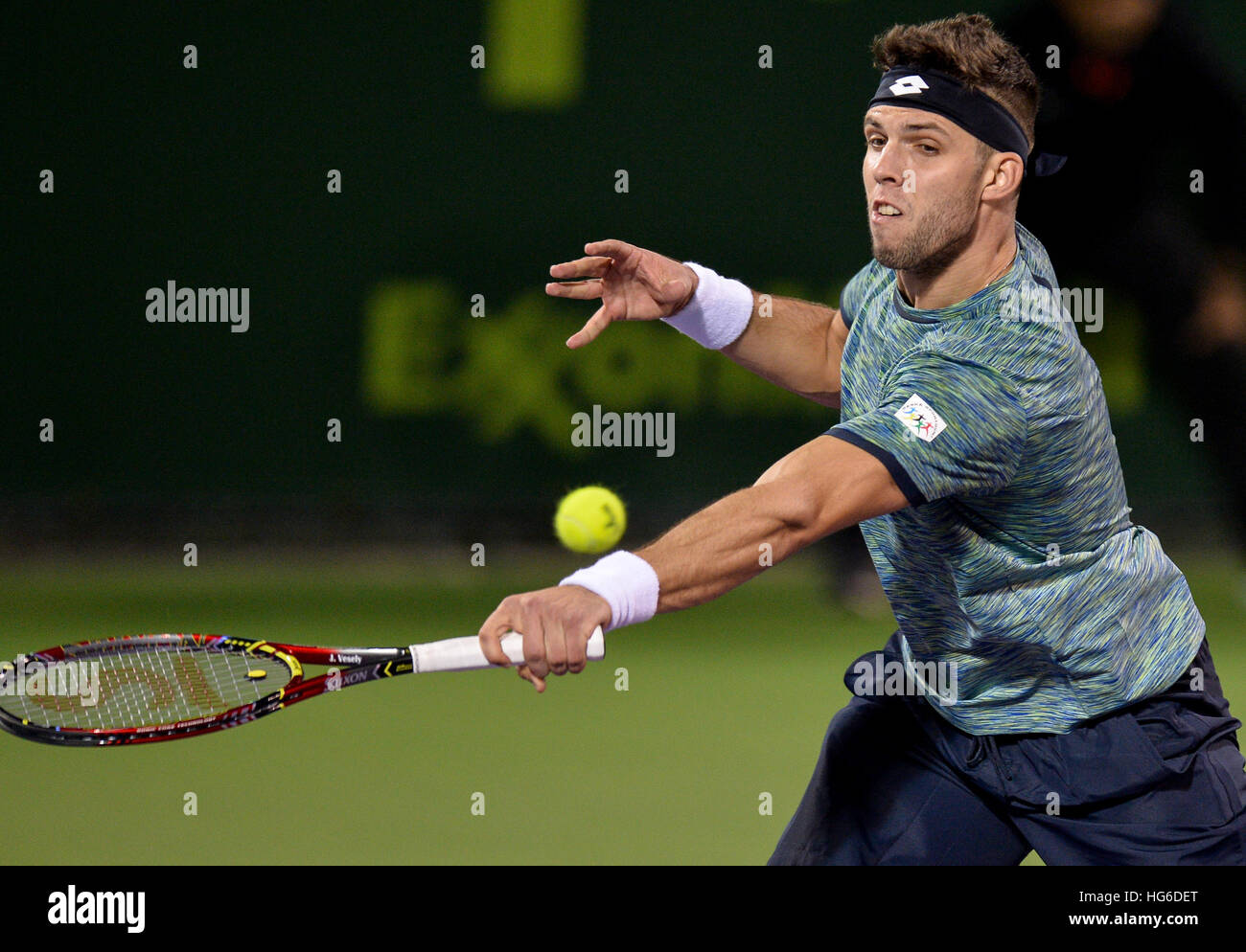 Doha, Qatar. 4th Jan, 2017. Jiri Vesely of the Czech Republic returns a  shot during a second round match against his compatriot Tomas Berdych at  the ATP Qatar Open tennis tournament in