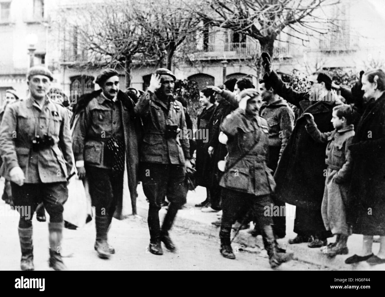 The Nazi propaganda picture shows the advance of Francos troops led by general Camilo Alonso Vega (third from left) towards Girona, Spain, February 1939. Fotoarchiv für Zeitgeschichtee - NO WIRE SERVICE - | usage worldwide Stock Photo
