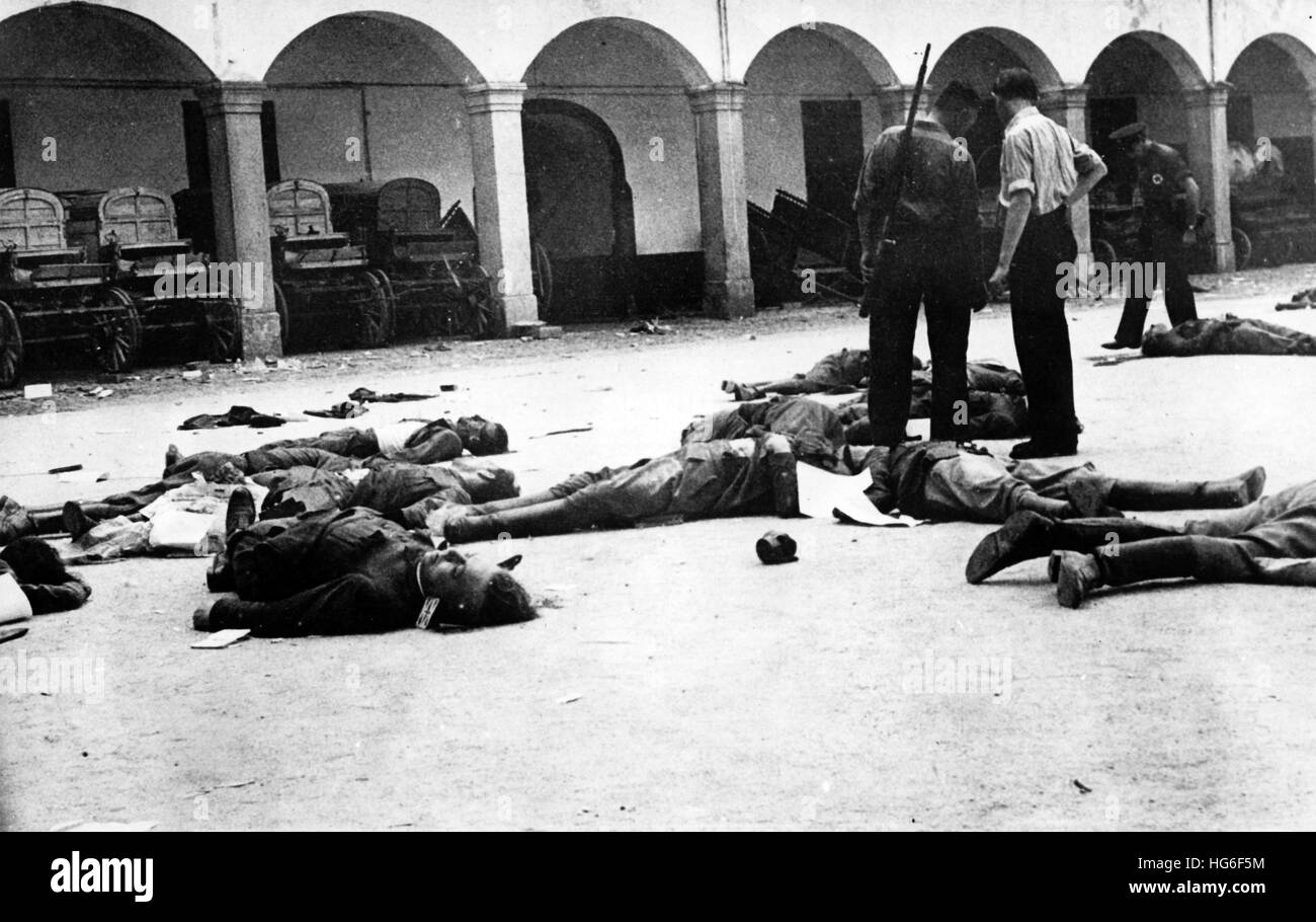 The Nazi propaganda picture shows dead bodies lying on the floor in the yard of the Cuartel de la Montaña after the assault by republican authorities in Madrid, Spain, July 1936. Fotoarchiv für Zeitgeschichtee - NO WIRE SERVICE - | usage worldwide Stock Photo