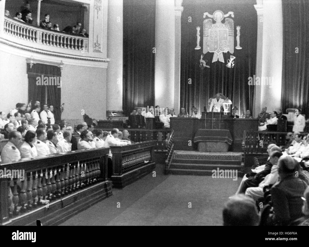 The Nazi propaganda picture shows Spanish dictator Francisco Franco reading the 'Law Constituting the Cortes' (Parliament in Spain) in front of the National Council of the Falange in the Senate of Madrid, Spain, July 1942. Fotoarchiv für Zeitgeschichtee - NO WIRE SERVICE - | usage worldwide Stock Photo