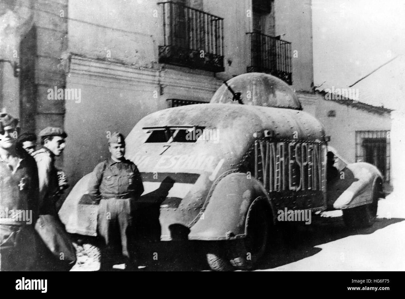 The Nazi propaganda picture shows how Francos troops occupy the city Santaner in Spain with an armored vehicle equipped with machine guns. The photo was taken in August 1937. Fotoarchiv für Zeitgeschichtee - NO WIRE SERVICE - | usage worldwide Stock Photo
