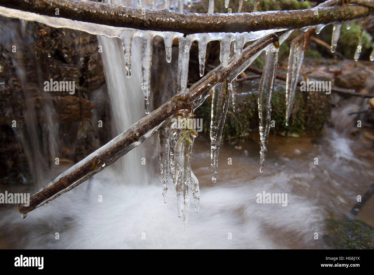 Elkton, Oregon, USA. 5th Jan, 2017. Icicles form near a small waterfall
