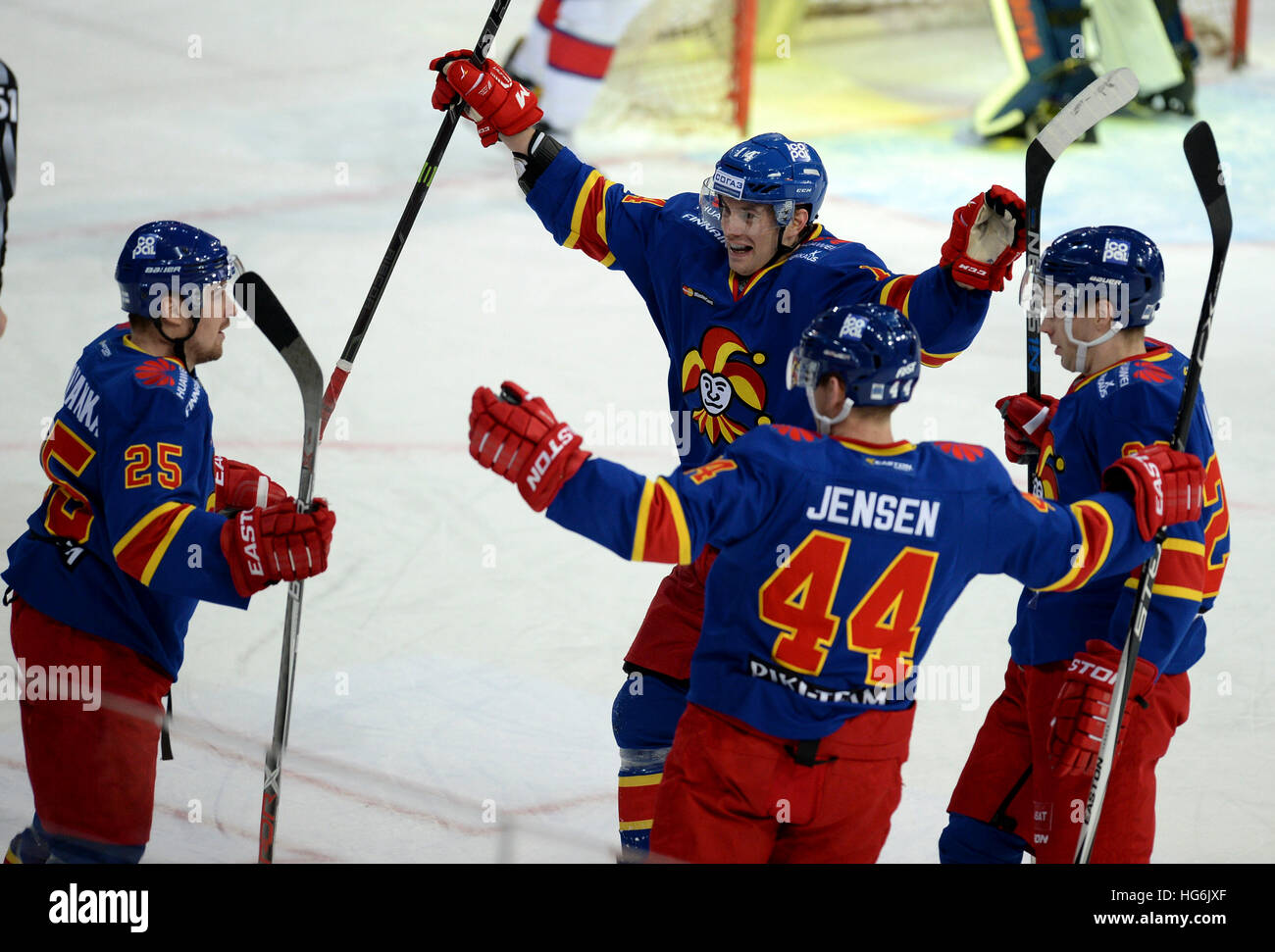 Helsinki, Finland. 5th Jan, 2017. Players of Helsinki Jokerit celebrate