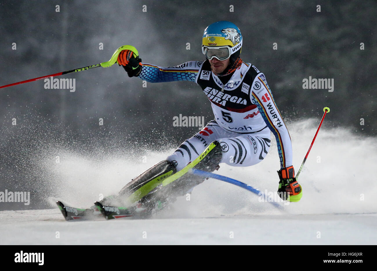 Zagreb, Croatia. 5th Jan, 2017. Felix Neureuther of Germany competes during FIS Alpine Ski World Cup Snow Queen Trophy in Zagreb, capital of Croatia, Jan. 5, 2017. Felix Neureuther got the 2nd place. © Jurica Galovic/Xinhua/Alamy Live News Stock Photo