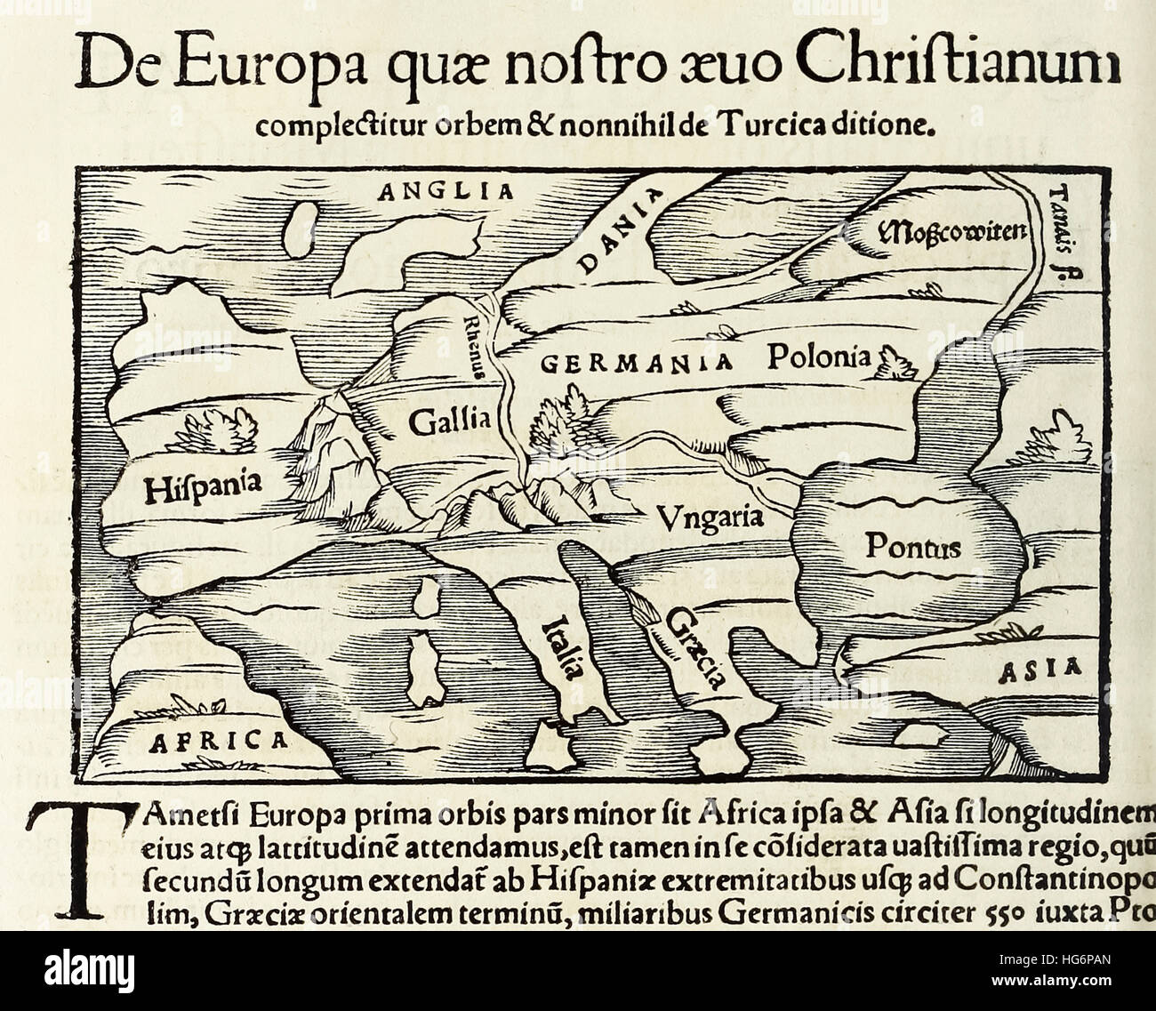 ‘De Europa, quae nostro aeuo Christianum’ a map of Christian Europe; woodcut from 1550 edition of ‘Cosmographia’ by  Sebastian Munster (1488-1552). See description for more information. Stock Photo