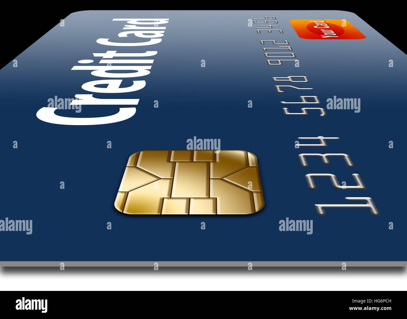 EMV credit card chip is shown in foreground in a closeup of a mock ...