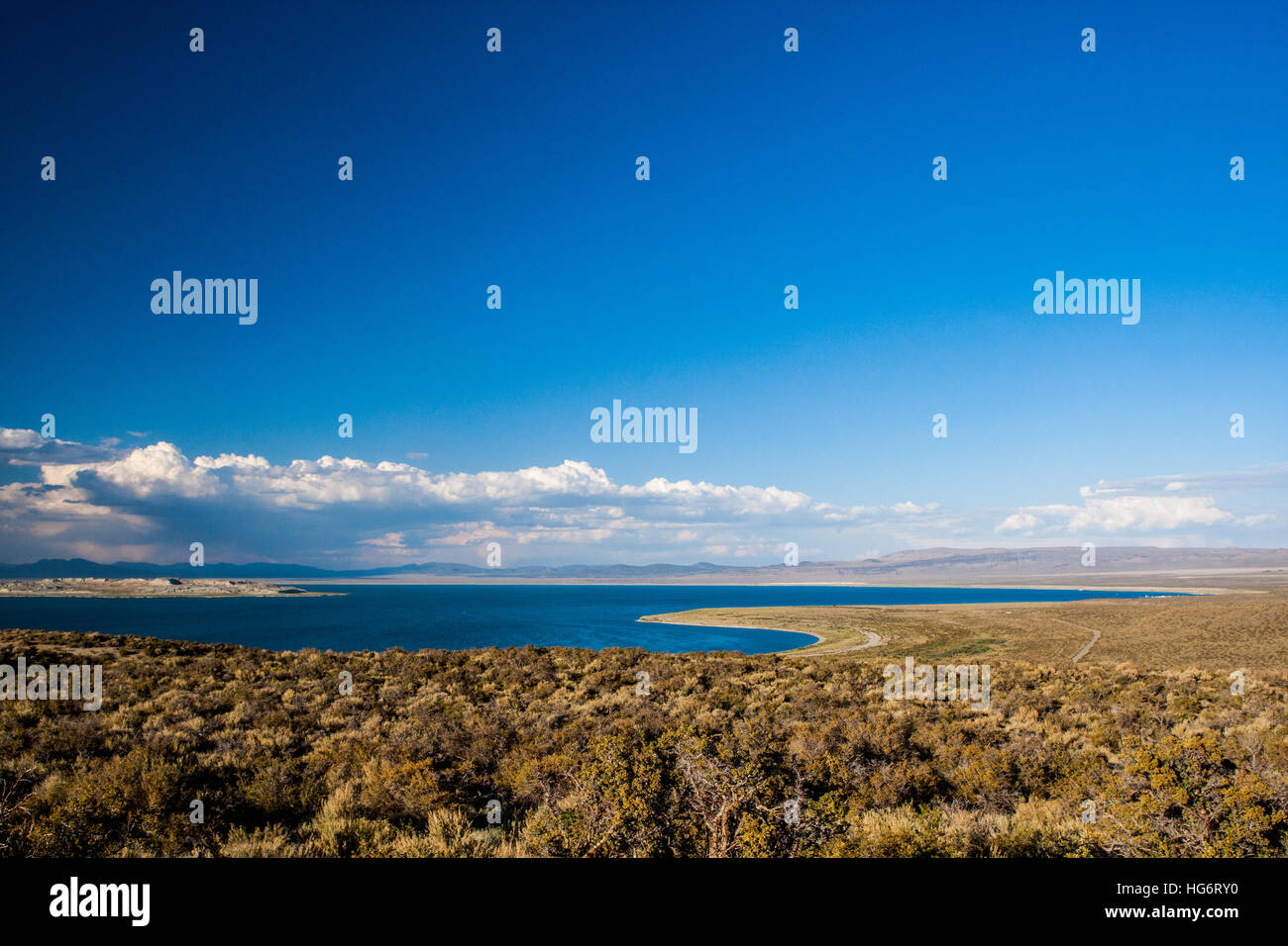 Mono Lake is a large, shallow saline soda lake in Mono County, California, formed at least 760,000 years ago as a terminal lake in an endorheic basin. Stock Photo