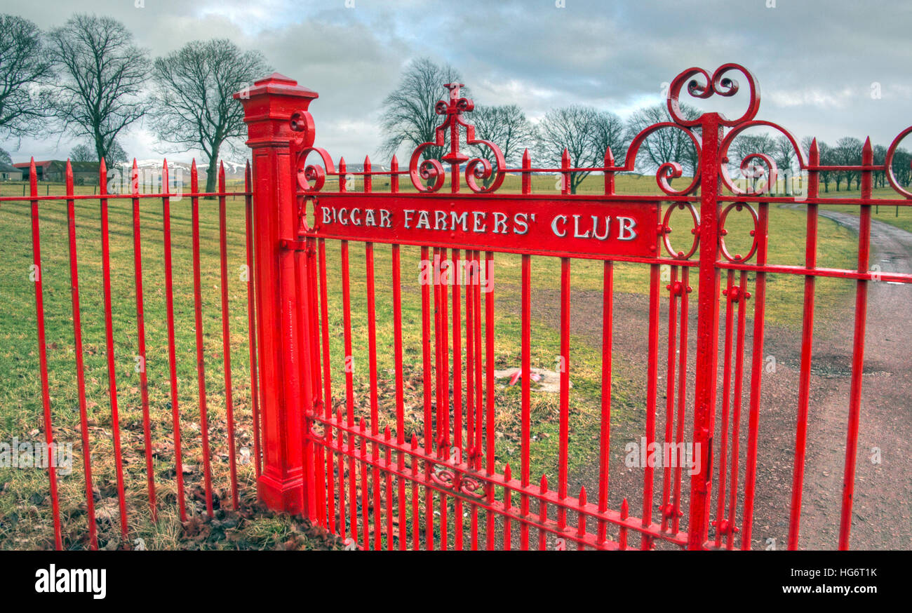 Biggar Farmers Club, red gates, at Biggar village fields, South Lanarkshire, Scotland, UK, ML12 6AB Stock Photo