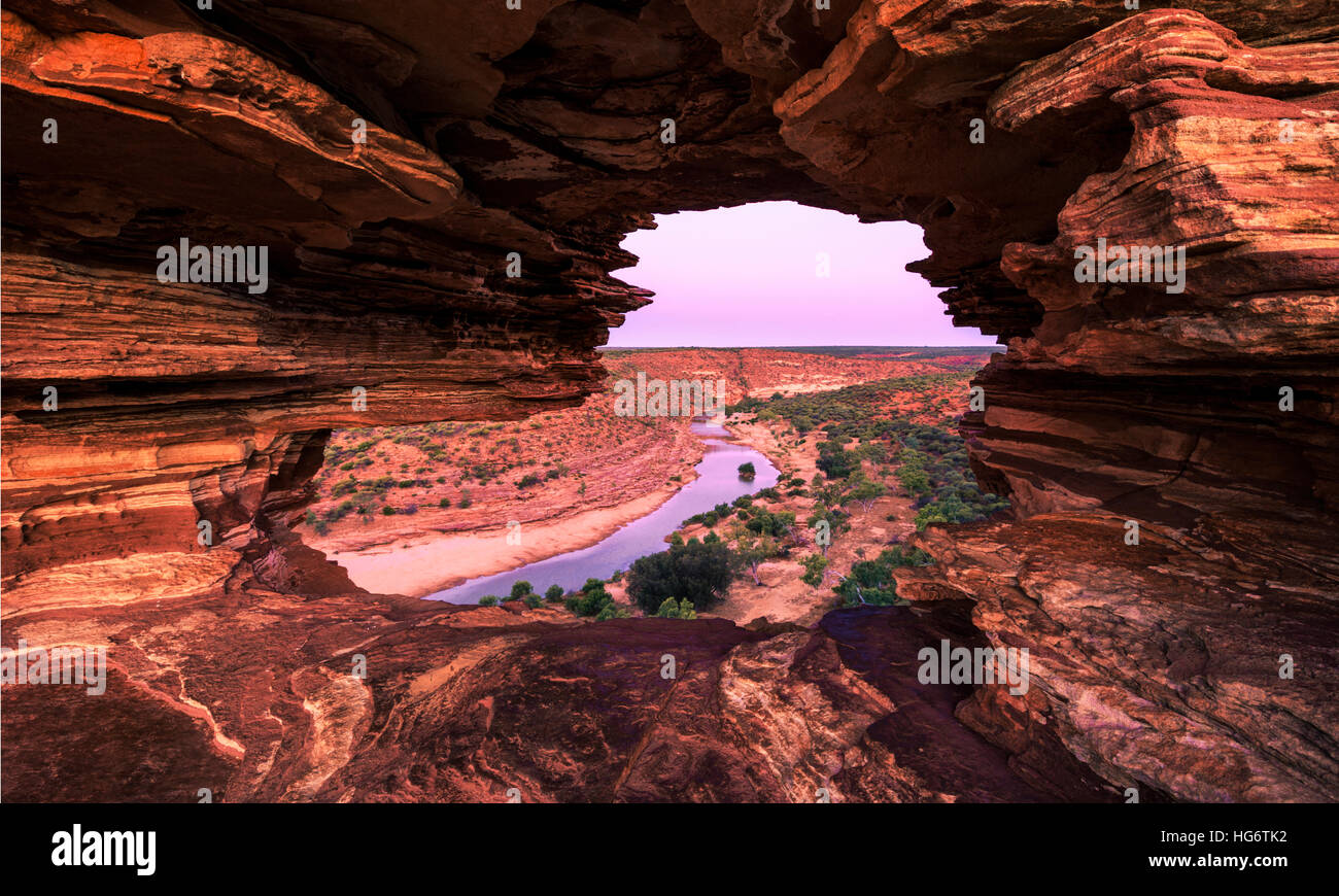Nature's Window lookout  and the Murchison River at sunset. Kalbarri National Park, WA Stock Photo