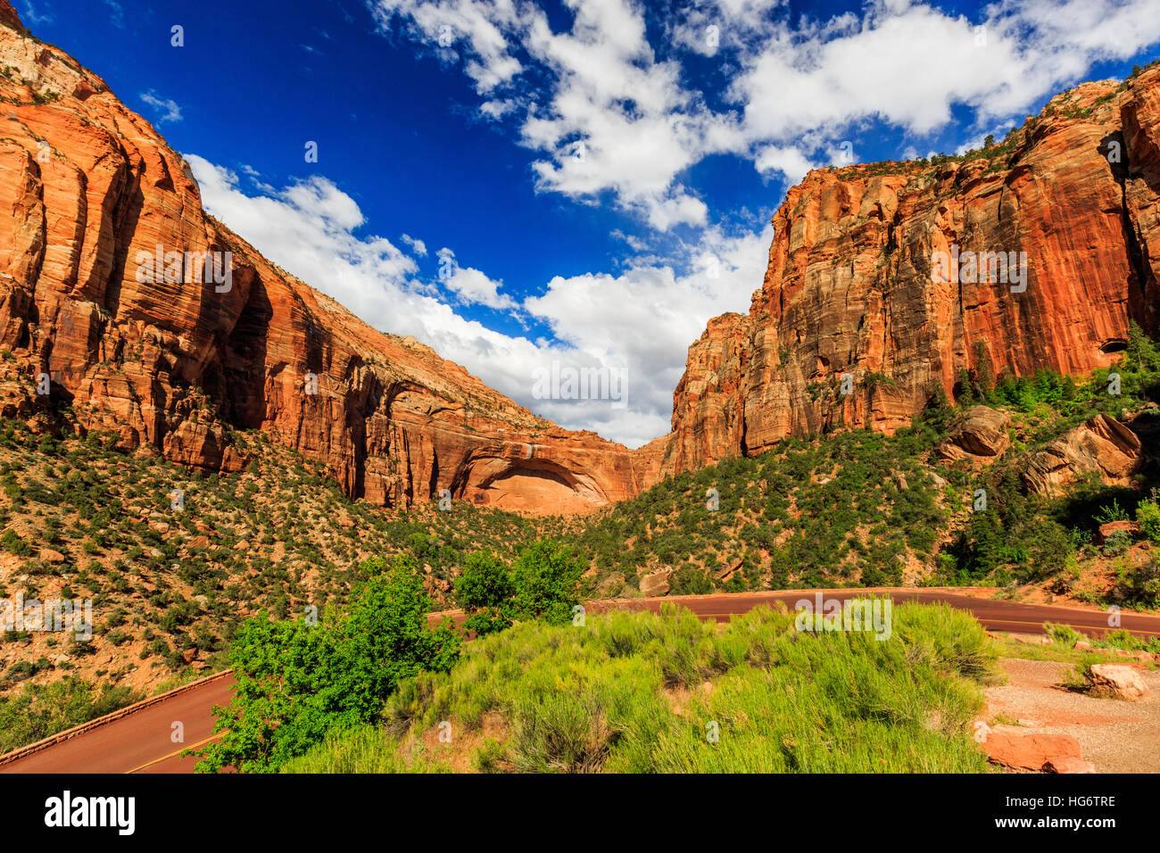 Natural Rock Arch in Zion National Park, near scenic road. Stock Photo