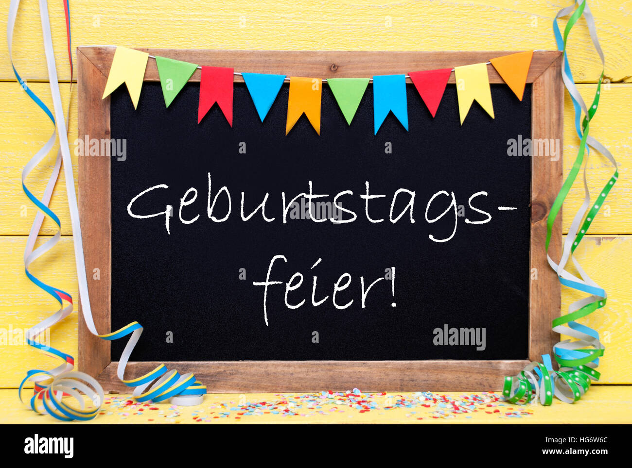 Chalkboard With Streamer, Geburtstagsfeier Means Birthday Celebration Stock Photo