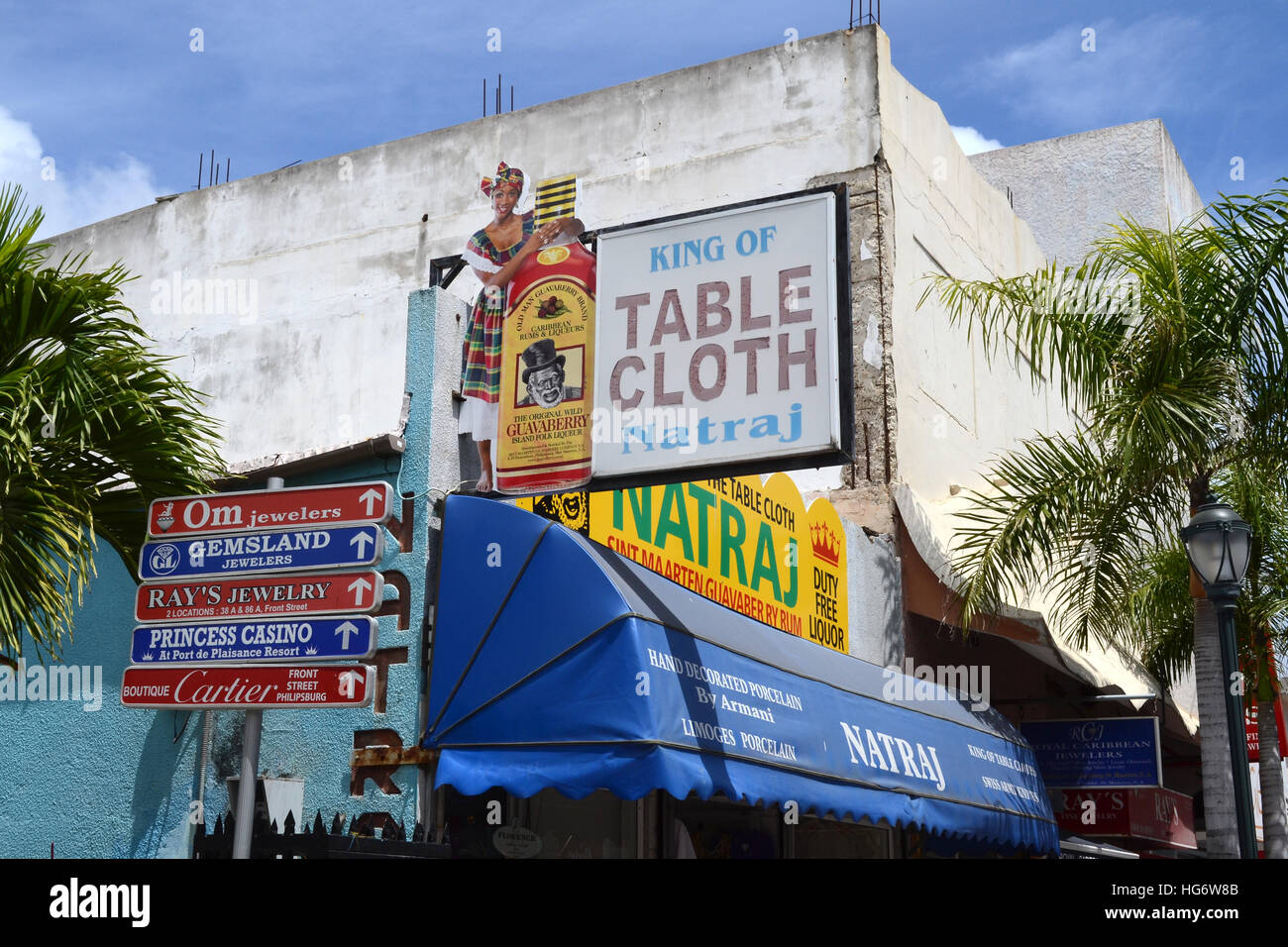 Advertising billboards and signs in Philipsburg, Saint Maarten, Caribbean. Stock Photo