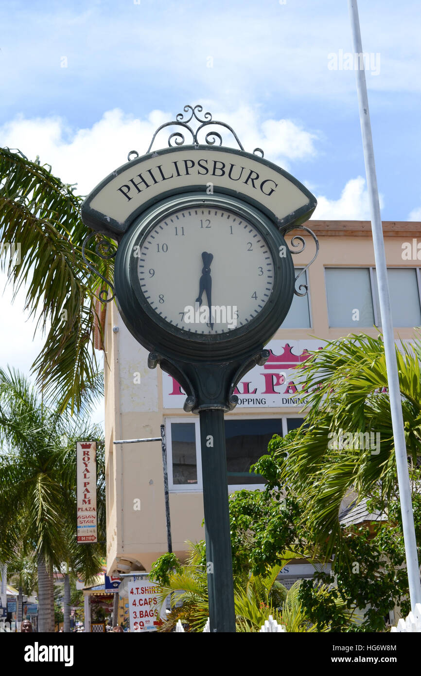 Clock in Philipsburg, Saint Maarten. Stock Photo