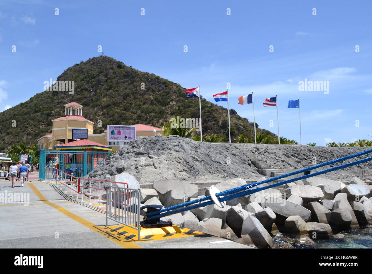 International, flags on the pier at Philipsburg, Saint Maarten. Stock Photo