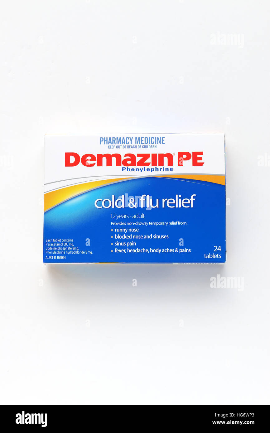 Demazin Cold and Flu Relief Tablet isolated against white background Stock Photo
