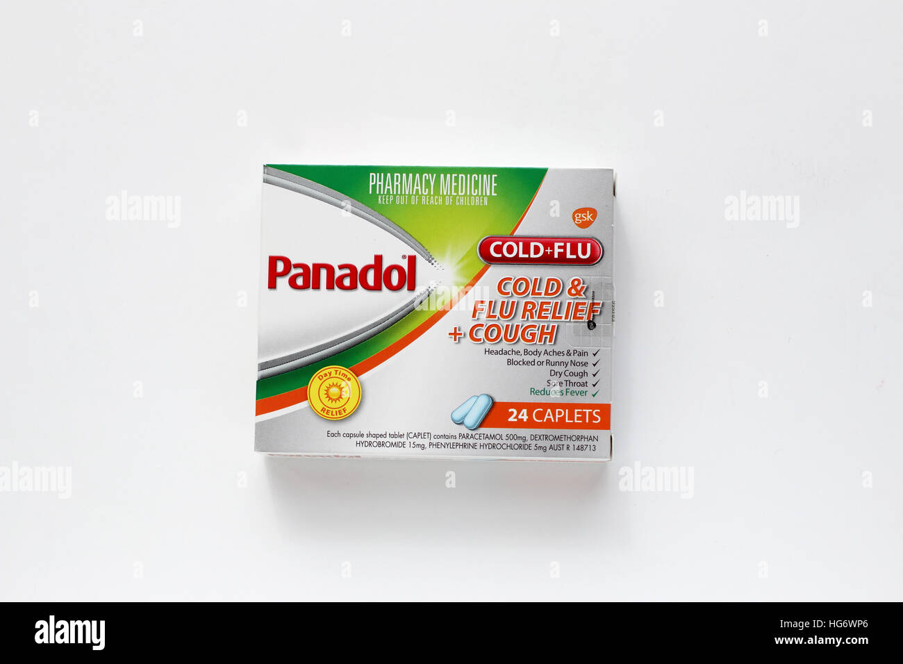 Panadol Cold and Flu and cough relief tablets in a box isolated against white background - stock photo (NOT ACTUAL TABLETS) Stock Photo