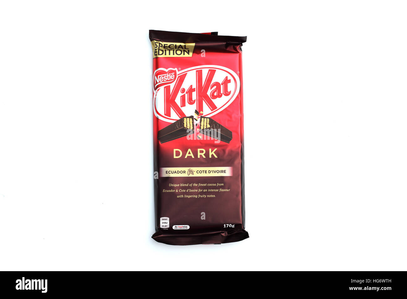 Close up Australian Kit Kat dark chocolate isolated against white