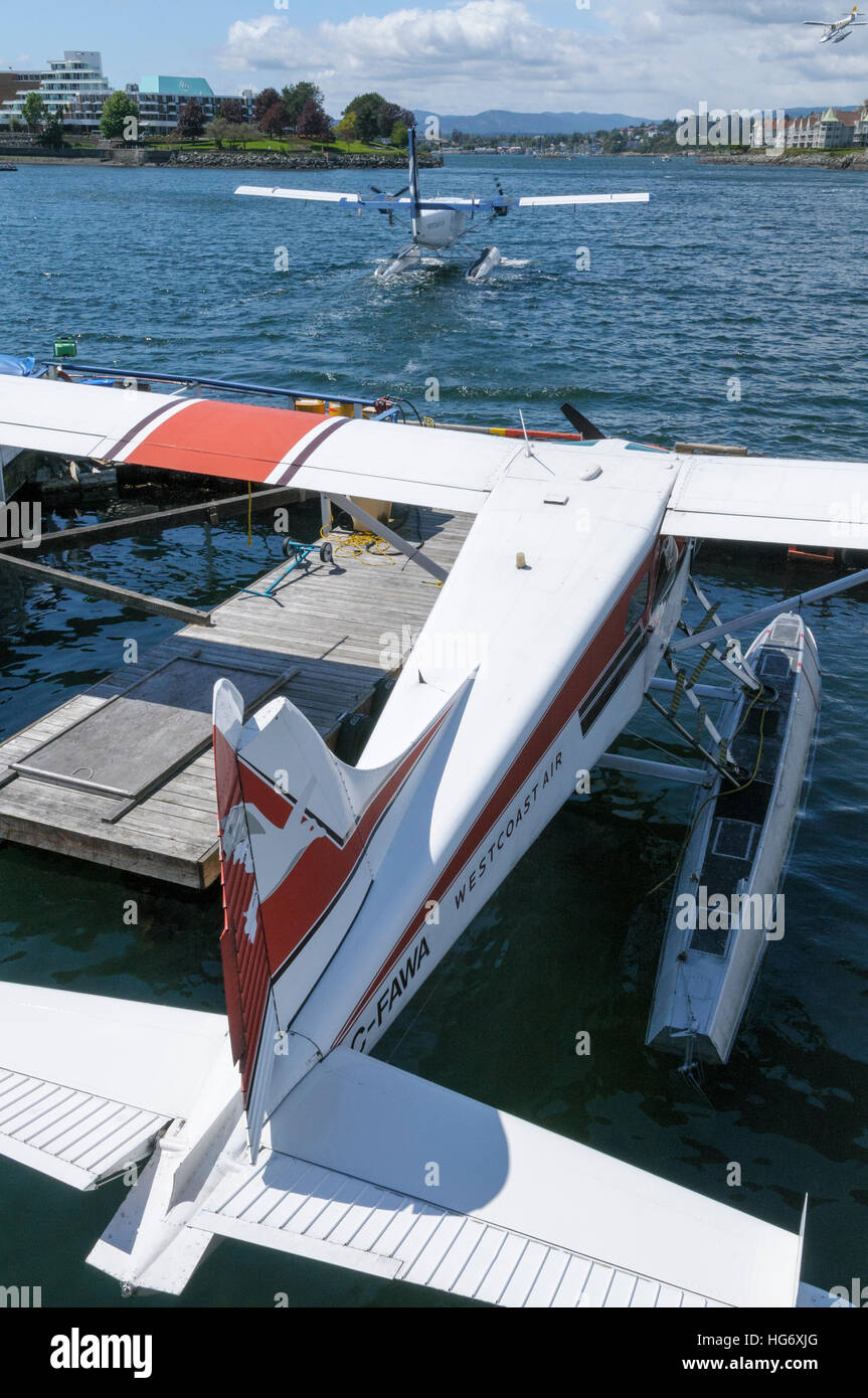 de Havilland Canada DHC-2 Beaver seaplane moored Victoria downtown Inner Harbour, Vancouver, British Columbia, Canada Stock Photo