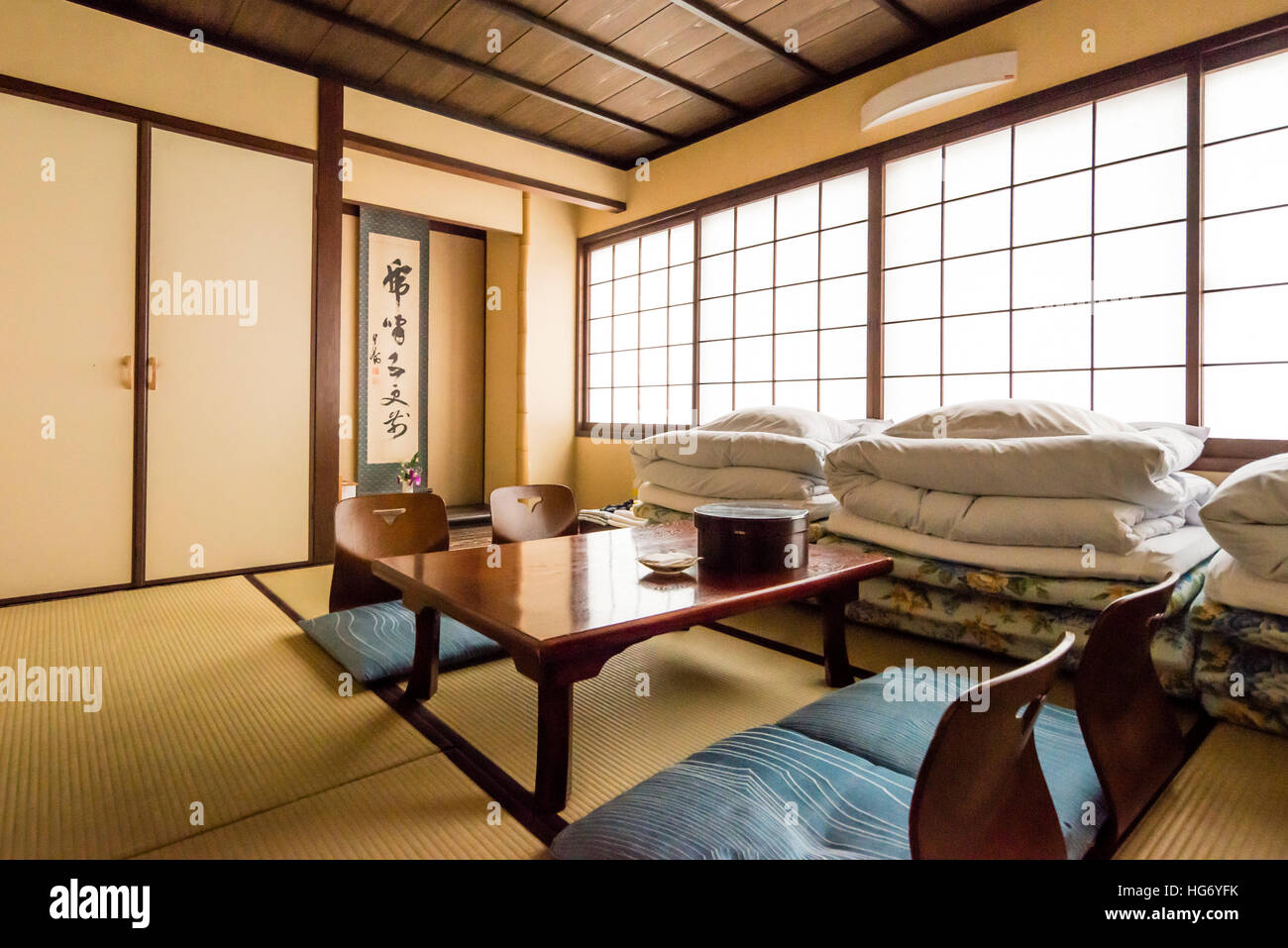 Interior of a typical budget Traditional Japanese style room at a ryokan, Kyoto, Japan Stock Photo