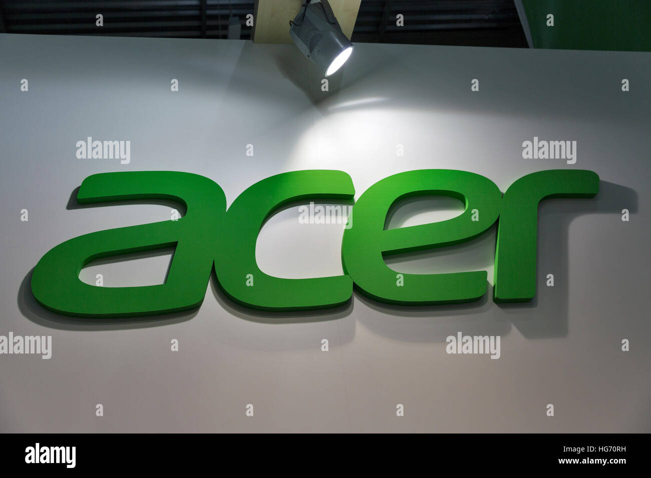 Acer logo closeup, a Taiwan based international computer company booth during CEE 2016. Stock Photo