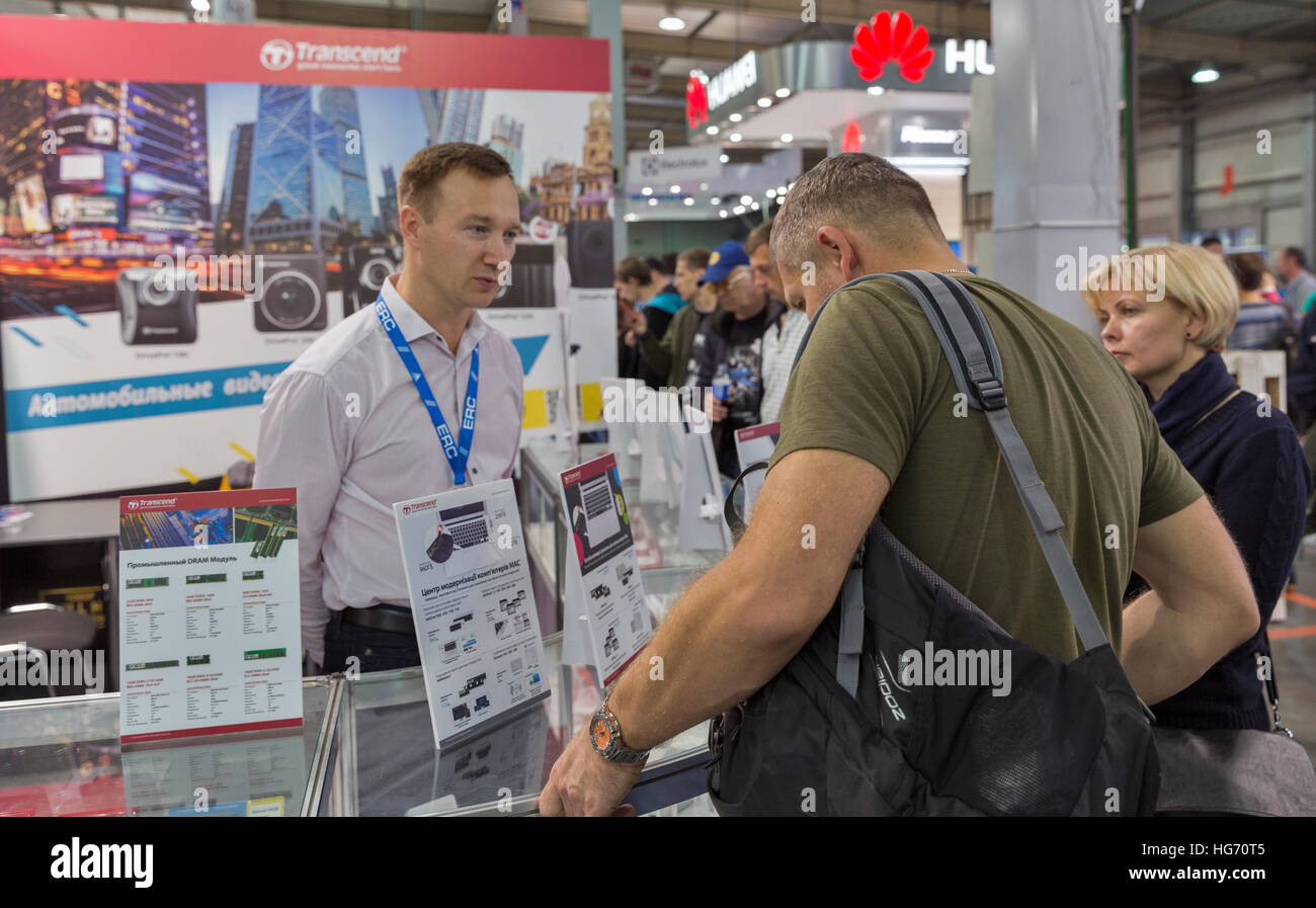 People visit Transcend, a Taiwanese electronics manufacturer company booth during CEE 2016. Stock Photo