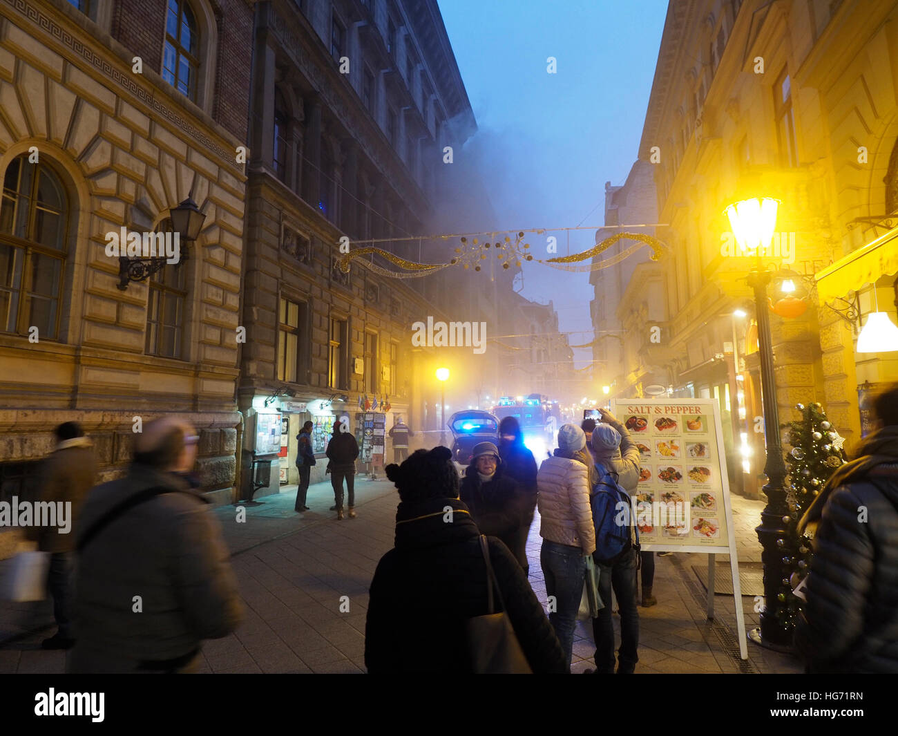 Fire emergency in the Vaci Utca, Budapest city center, Hungary Stock Photo