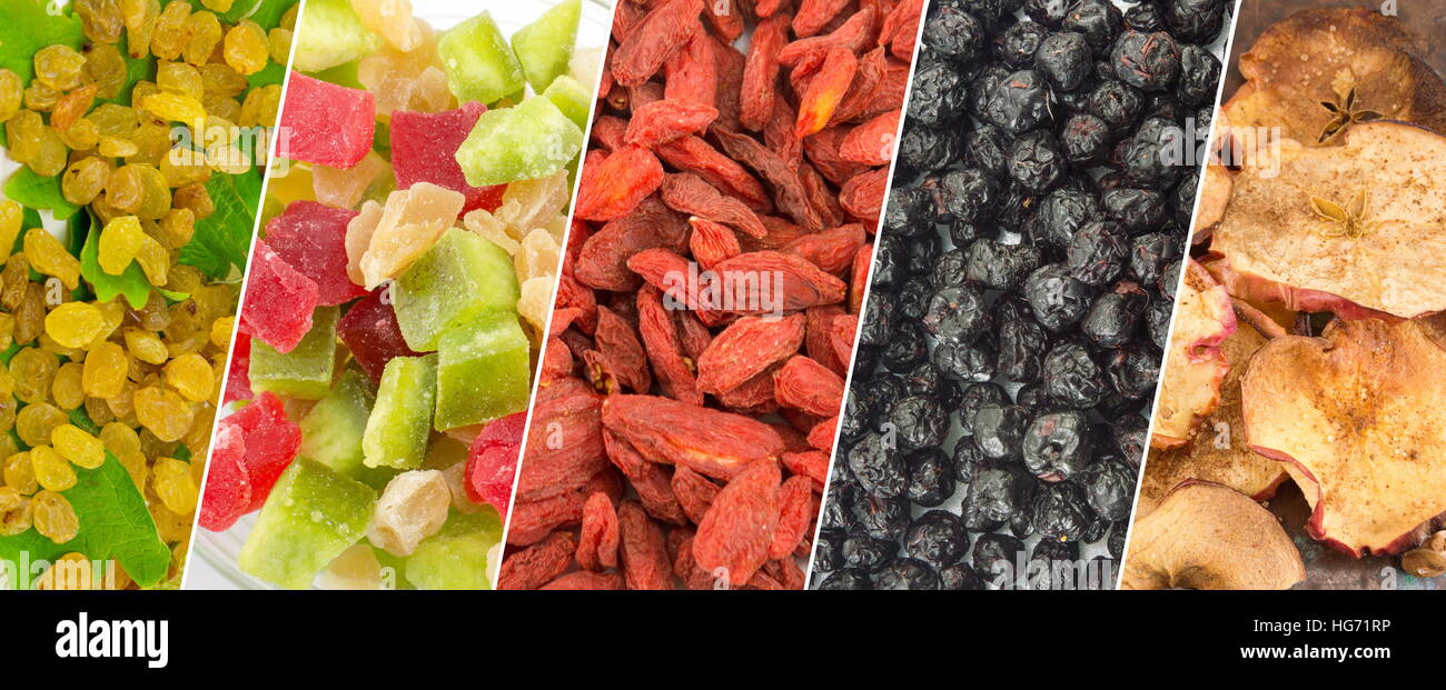 Dried fruit collage background. Healthy food abstract Stock Photo