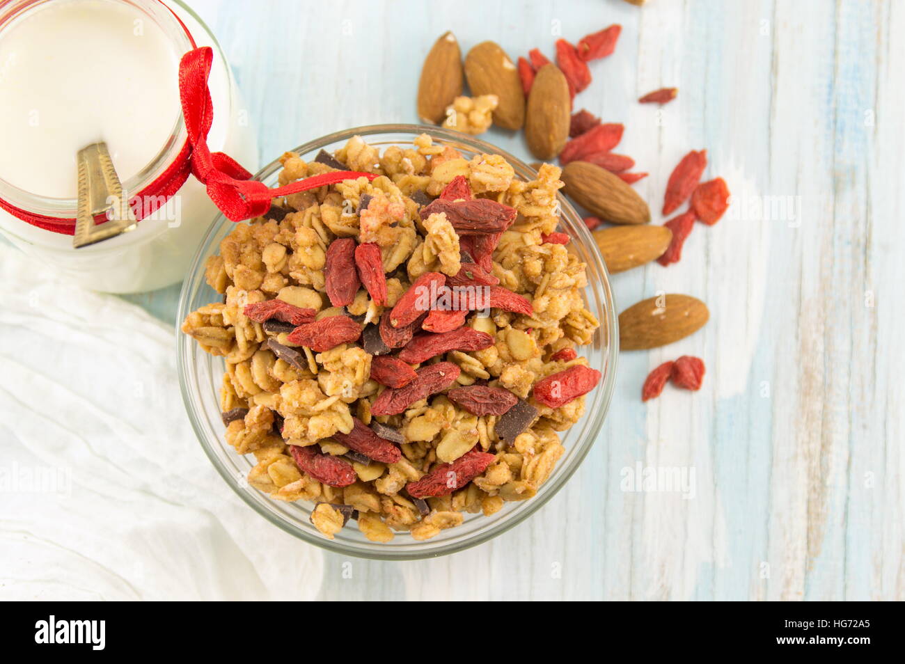 Granola muesli cereals with dried fruit in a bowl with milk Stock Photo