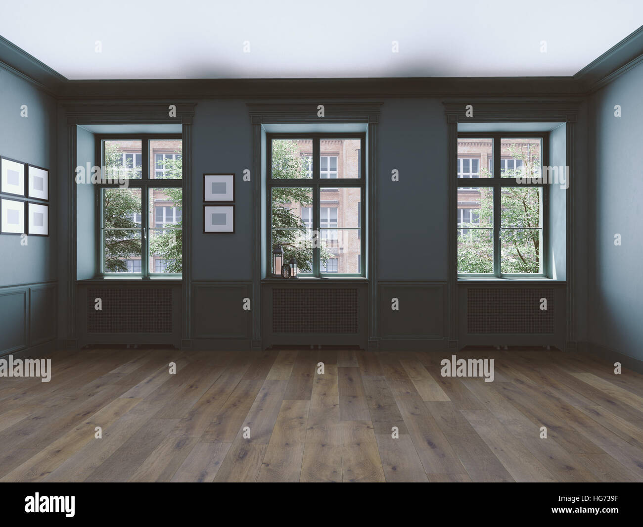 empty room with windows and parquet. 3d rendering Stock Photo