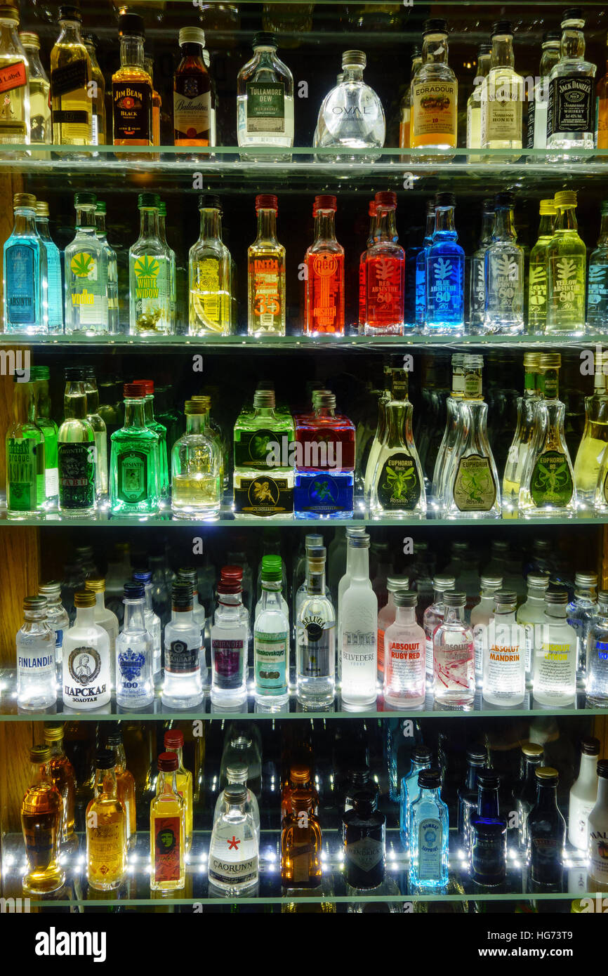 Mini bar bottles collection in the alcohol shop Stock Photo