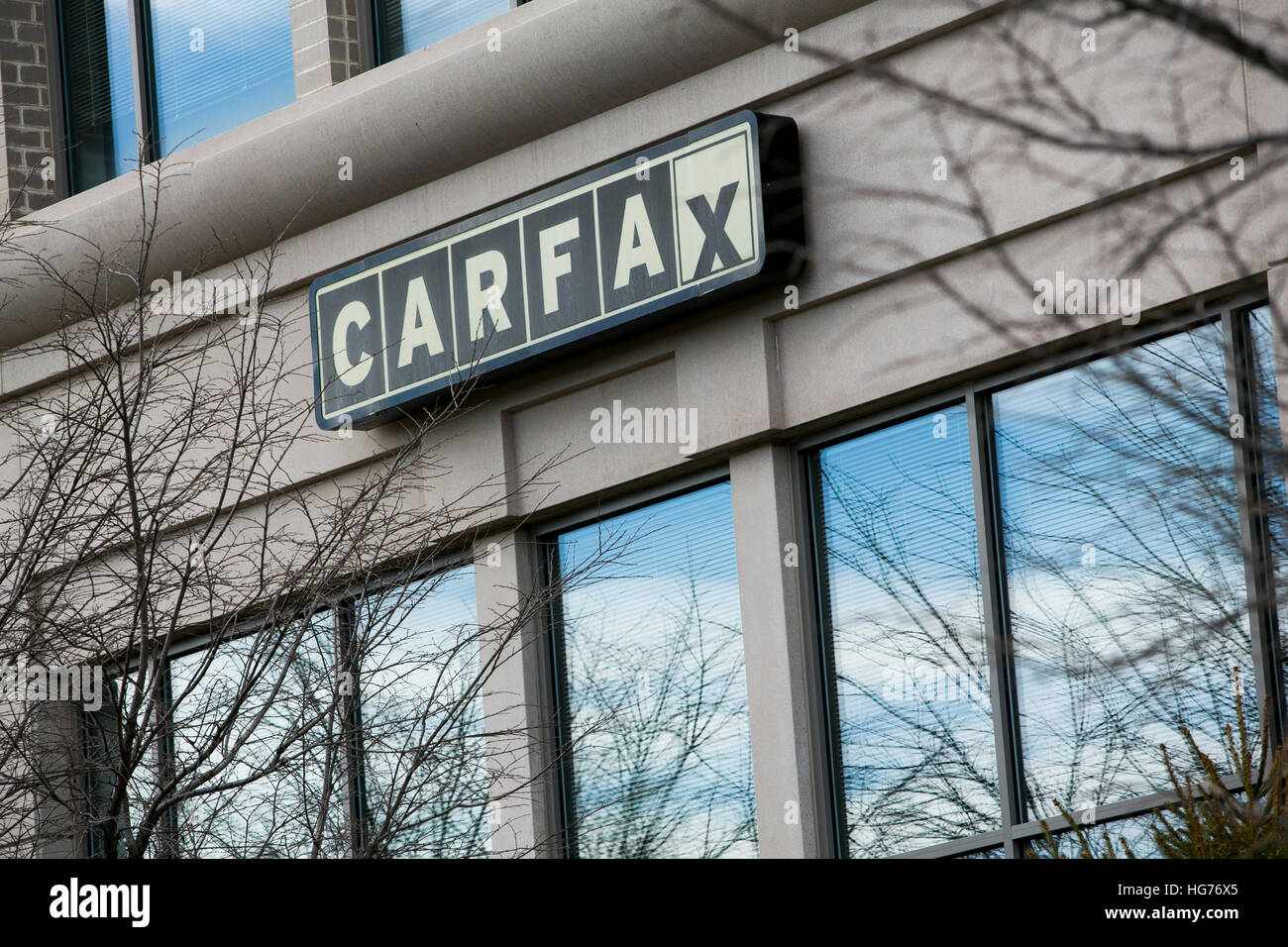 A logo sign outside of the headquarters of Carfax, Inc., in Centreville, Virginia on December 31, 2016 Stock Photo