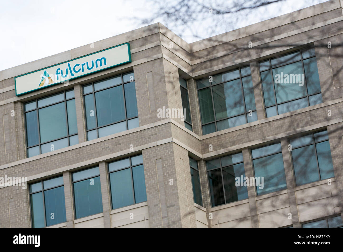 A logo sign outside of the headquarters of Fulcrum It Services in Centreville, Virginia on December 31, 2016. Stock Photo
