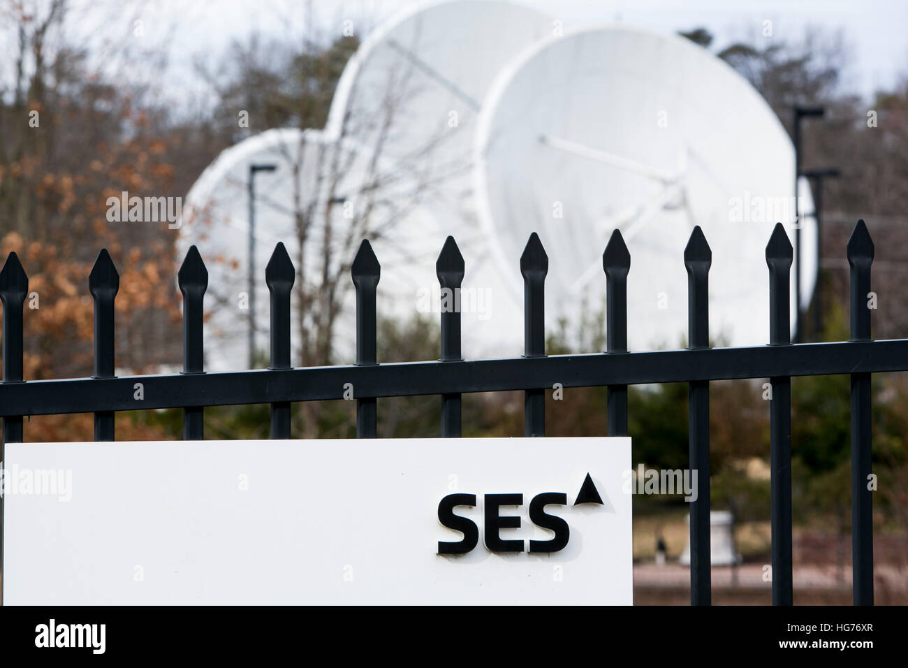 A logo sign outside of the SES Washington Mediaport in Gainesville, Virginia on December 31, 2016. Stock Photo