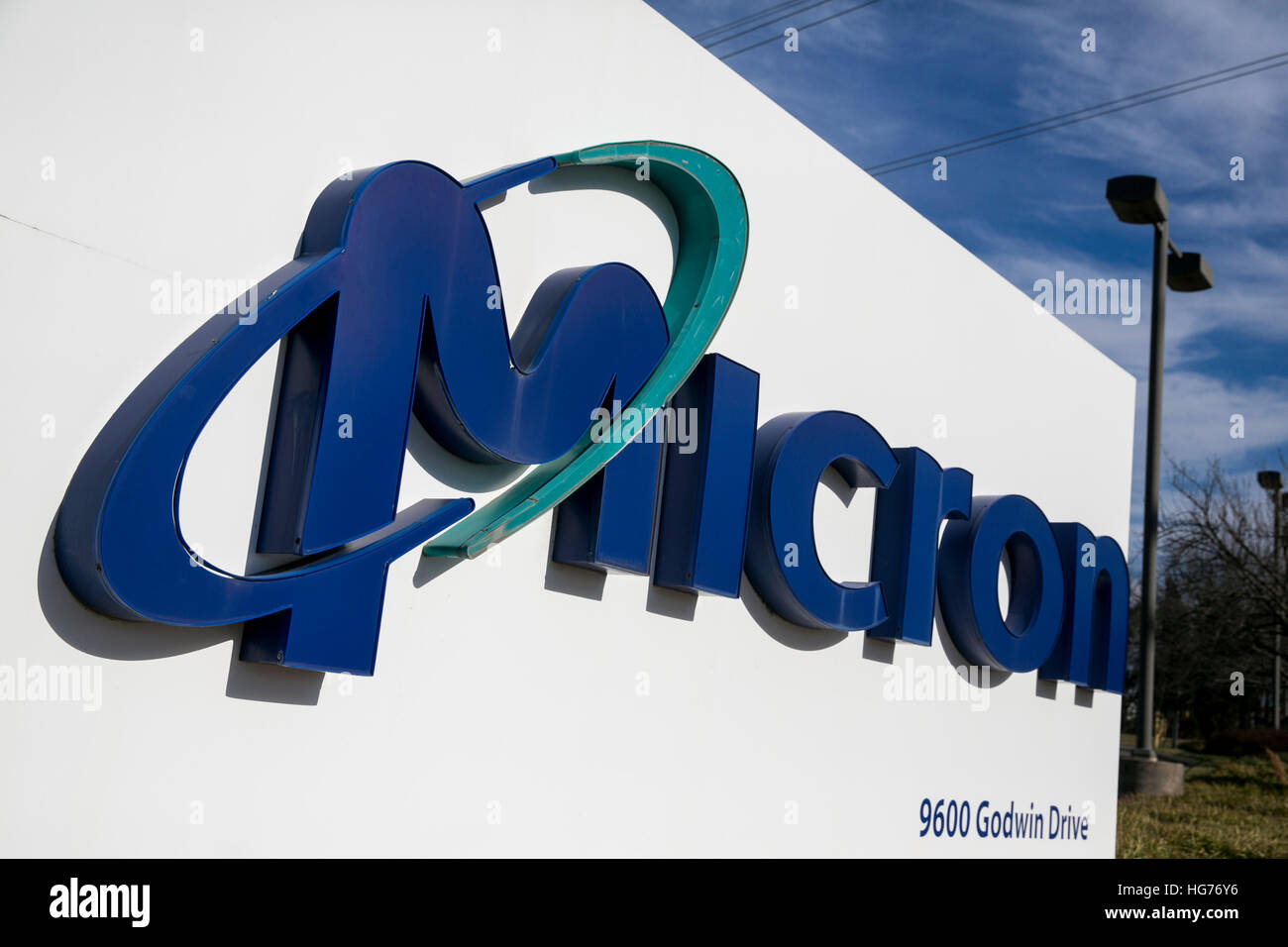 A logo sign outside of a facility occupied by Micron Technology Inc., in Manassas, Virginia on December 31, 2016. Stock Photo
