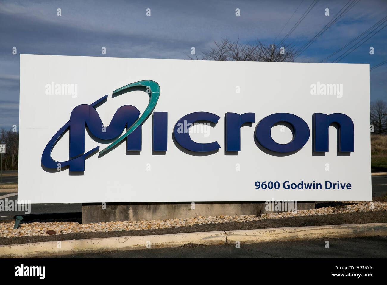 A logo sign outside of a facility occupied by Micron Technology Inc., in Manassas, Virginia on December 31, 2016. Stock Photo