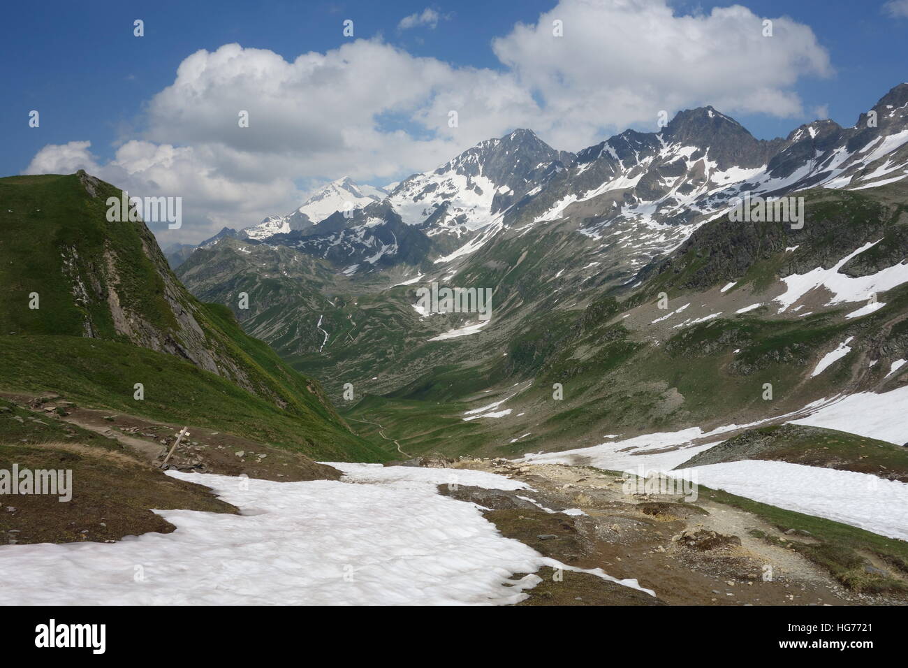View from the Col du Bonhomme, near Les Contamines-Montjoie, in the French Alps. Stock Photo