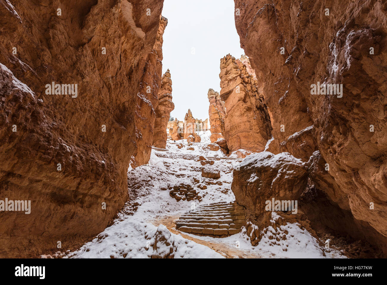Hoodoo snow trail in Bryce Canyon National park in Southern Utah. Stock Photo