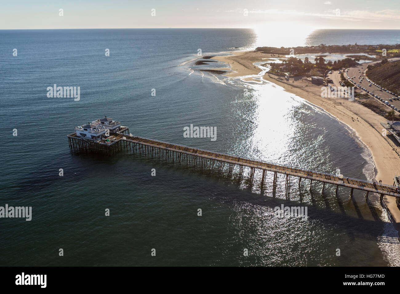 Aerial of Malibu Pier, Surfrider Beach and Malibu Lagoon in Southern California. Stock Photo