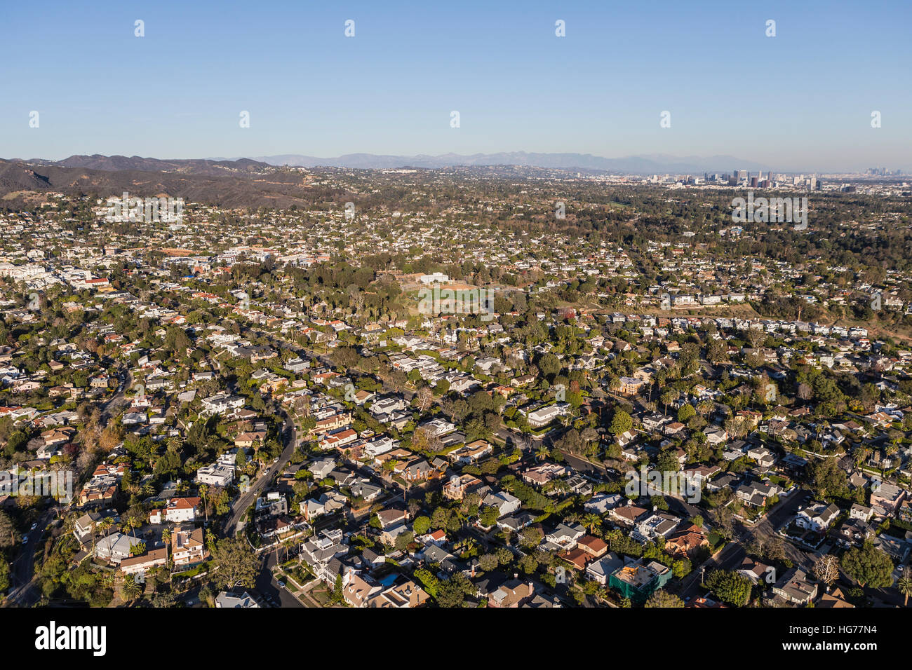 Aerial of Pacific Palisades and West Los Angeles neighborhoods in Southern California. Stock Photo