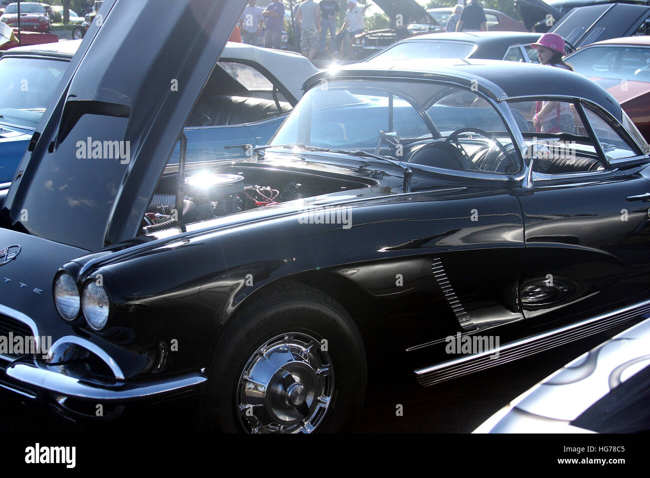 Retro/ vintage/ old/ antique car. Corvette with open hood/ bonnet at