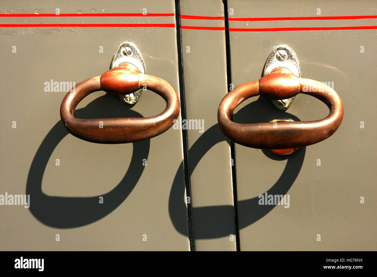 Detail of door handles on retro vintage old antique car Stock Photo 